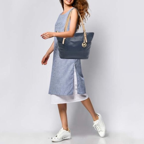 MICHAEL Michael Kors Handbags - Michael Michael Kors Navy Blue Leather Medium Jet SEt Top Zip Tote